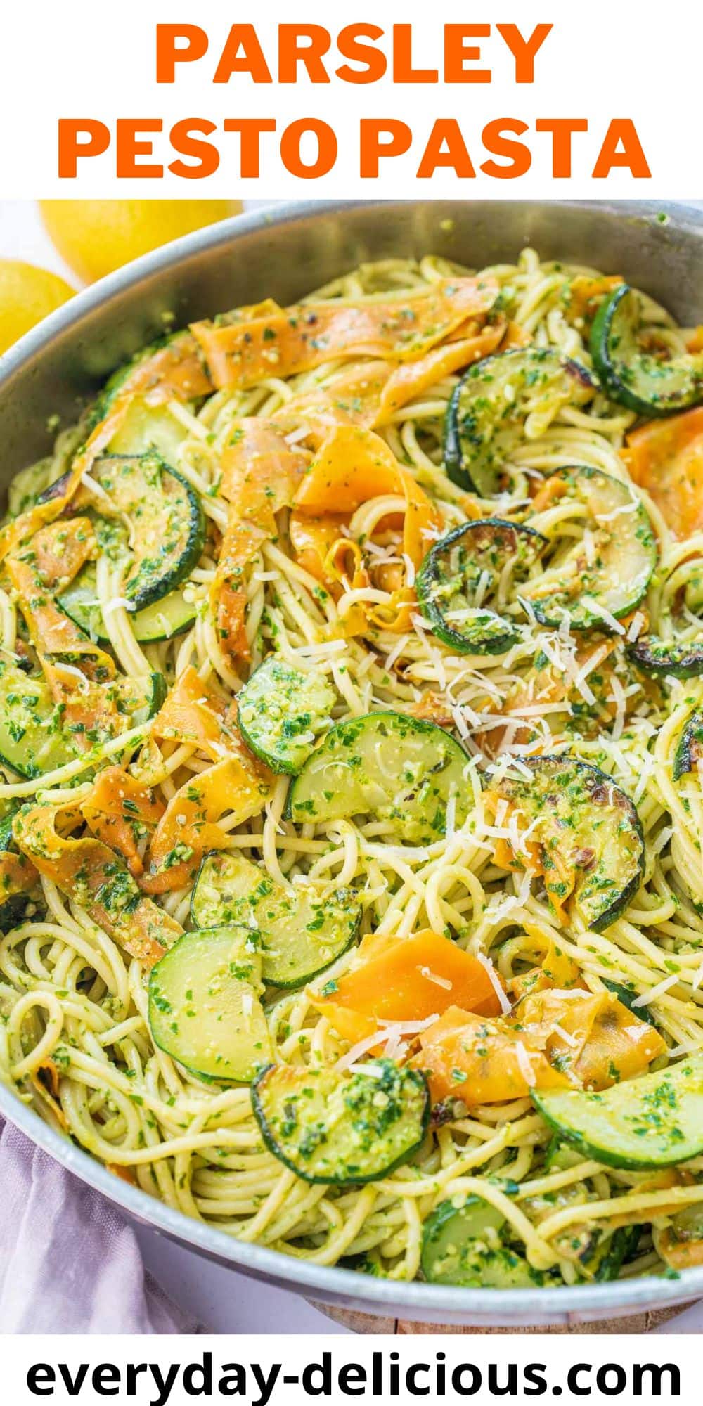 Parsley pesto pasta with zucchini and carrots - Everyday Delicious