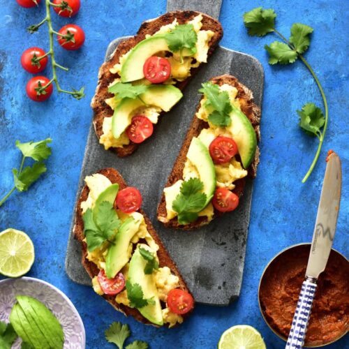 Harissa, scrambled eggs, avocado and coriander sourdough toast