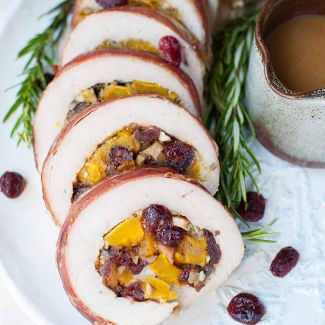 Turkey Roulade With Butternut Squash Mushroom And Cranberry Stuffing