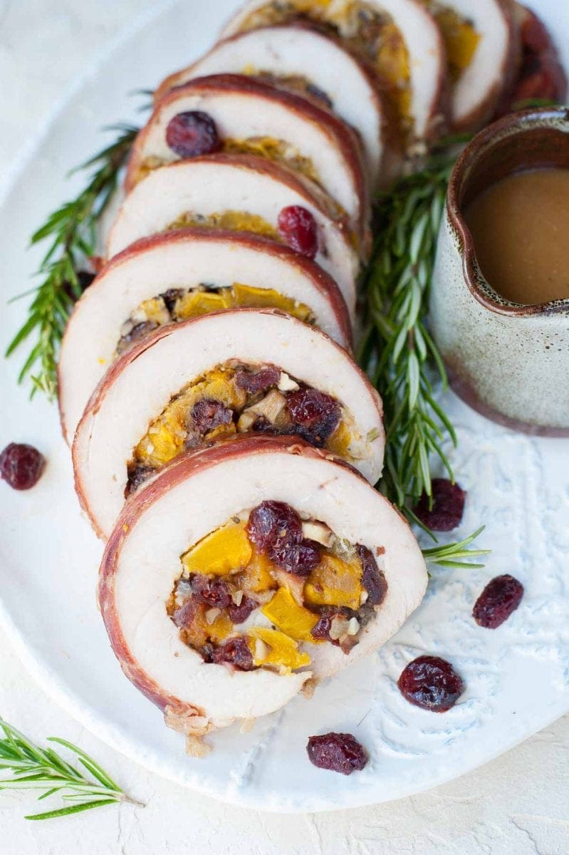 Turkey roulade with butternut squash, mushroom and cranberry stuffing