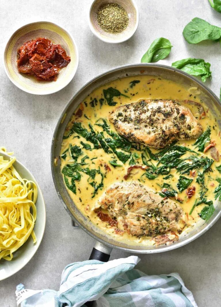 Tuscan chicken in creamy sun-dried tomato and spinach sauce