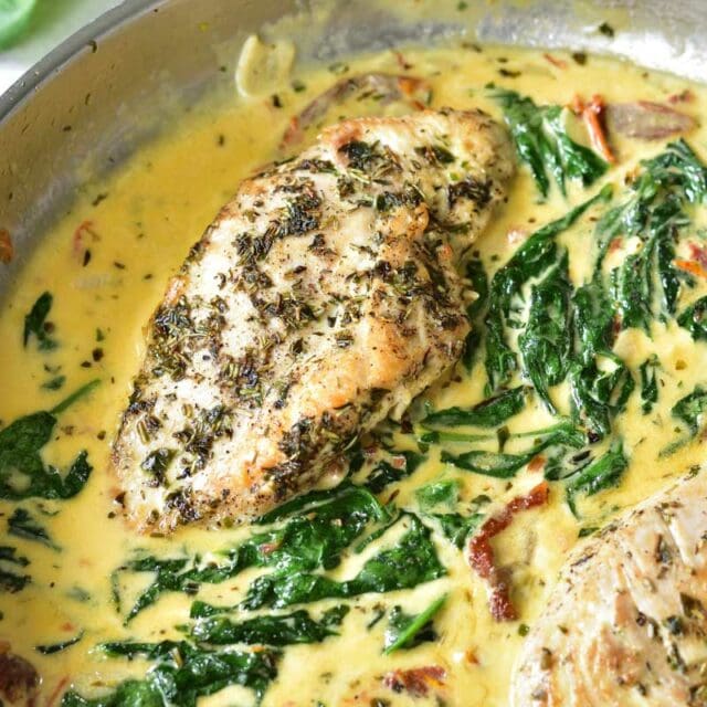 Tuscan chicken in creamy sun-dried tomato and spinach sauce