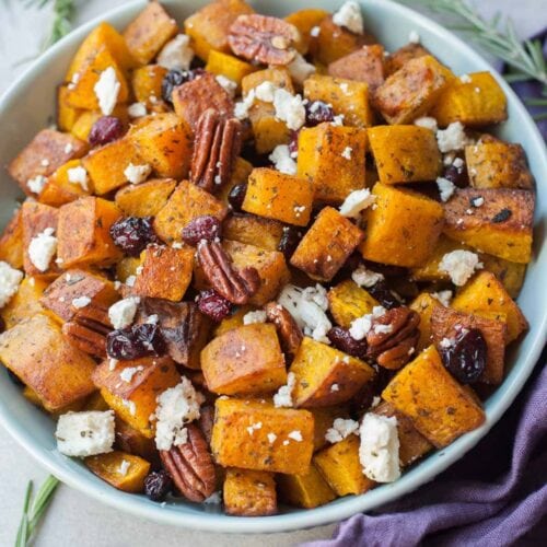 Roasted butternut squash with cranberries, rosemary, pecans, and feta