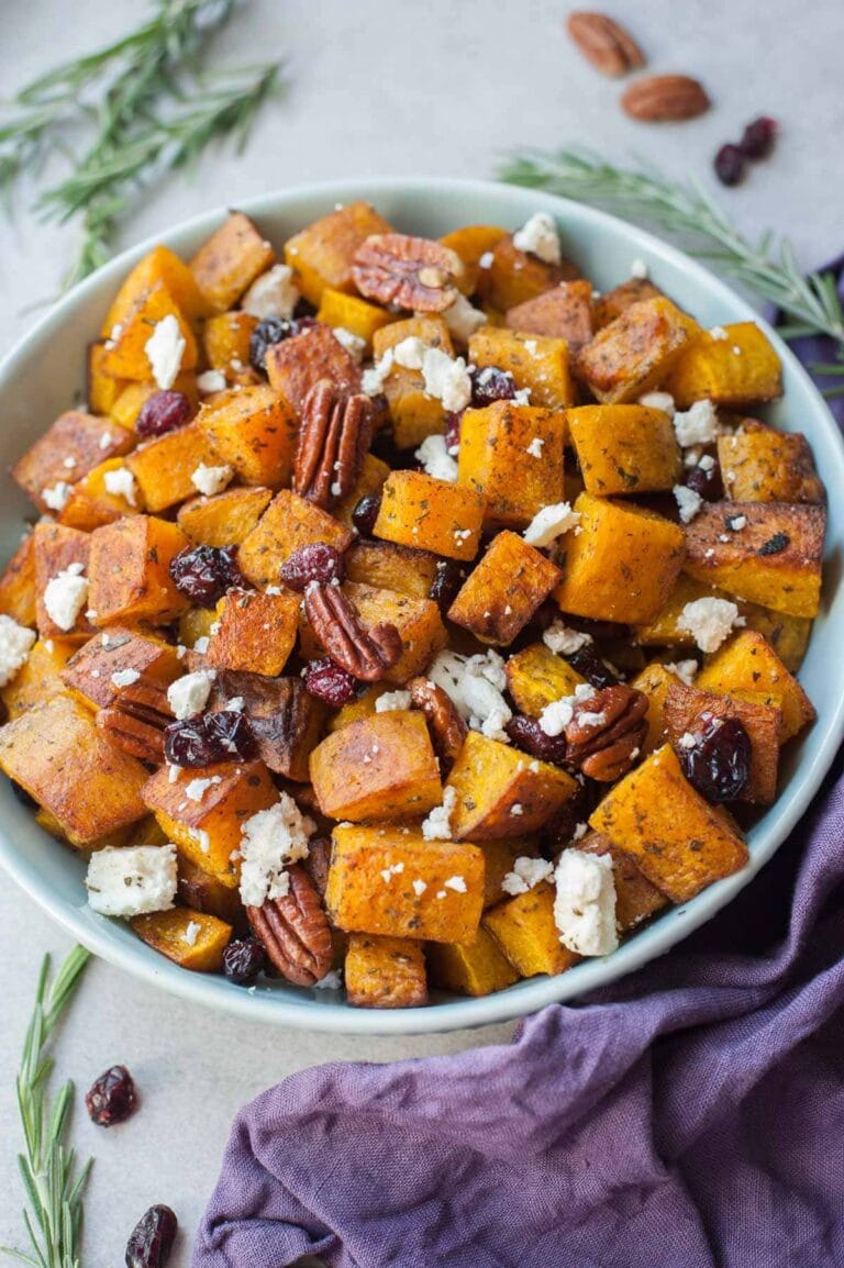 Roasted butternut squash with cranberries, rosemary, pecans, and feta