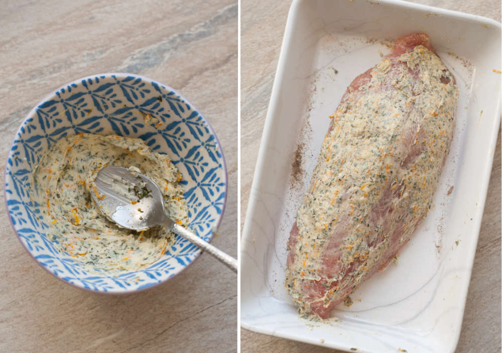Herb garlic butter in a small bowl. Turkey tenderloin with herb butter in a white baking dish.