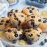 Blueberry muffins on a white plate. Blueberries and lemon slices scattered around.