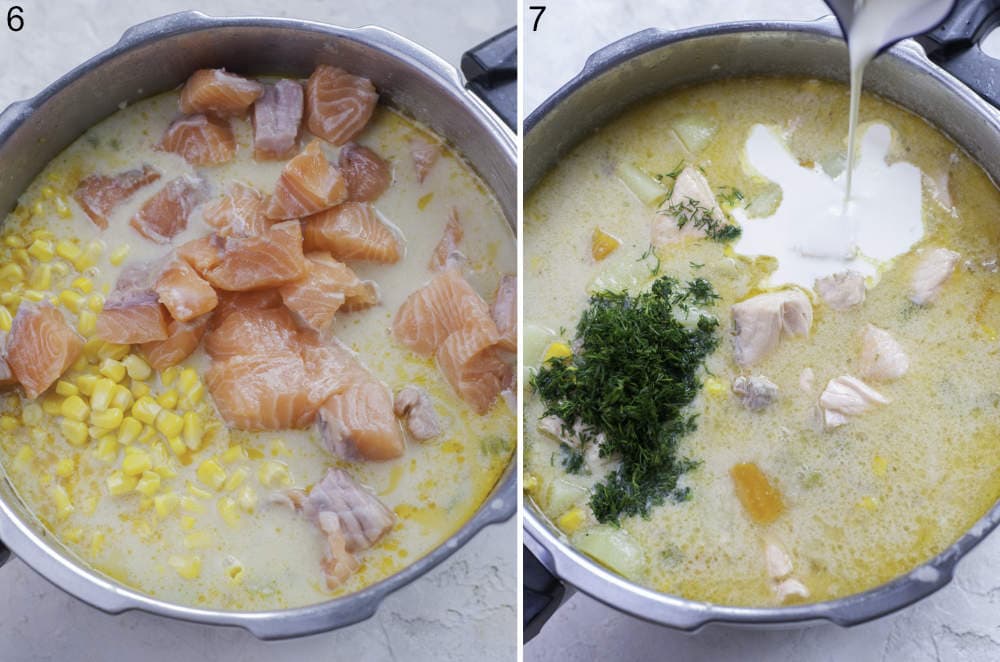 Soup with salmon and corn in a bot. Milk is being added to a soup in a pot.