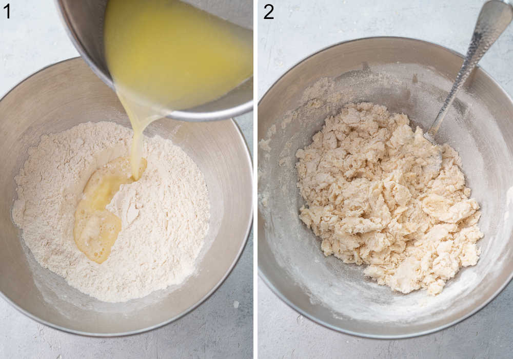 Butter and water is being added to flour in a bowl. Roughly combined ingredients for pierogi dough.