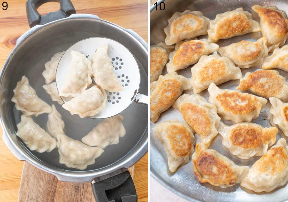 Pierogi are being cooked in a pot. Pan-fried pierogi in a pan.