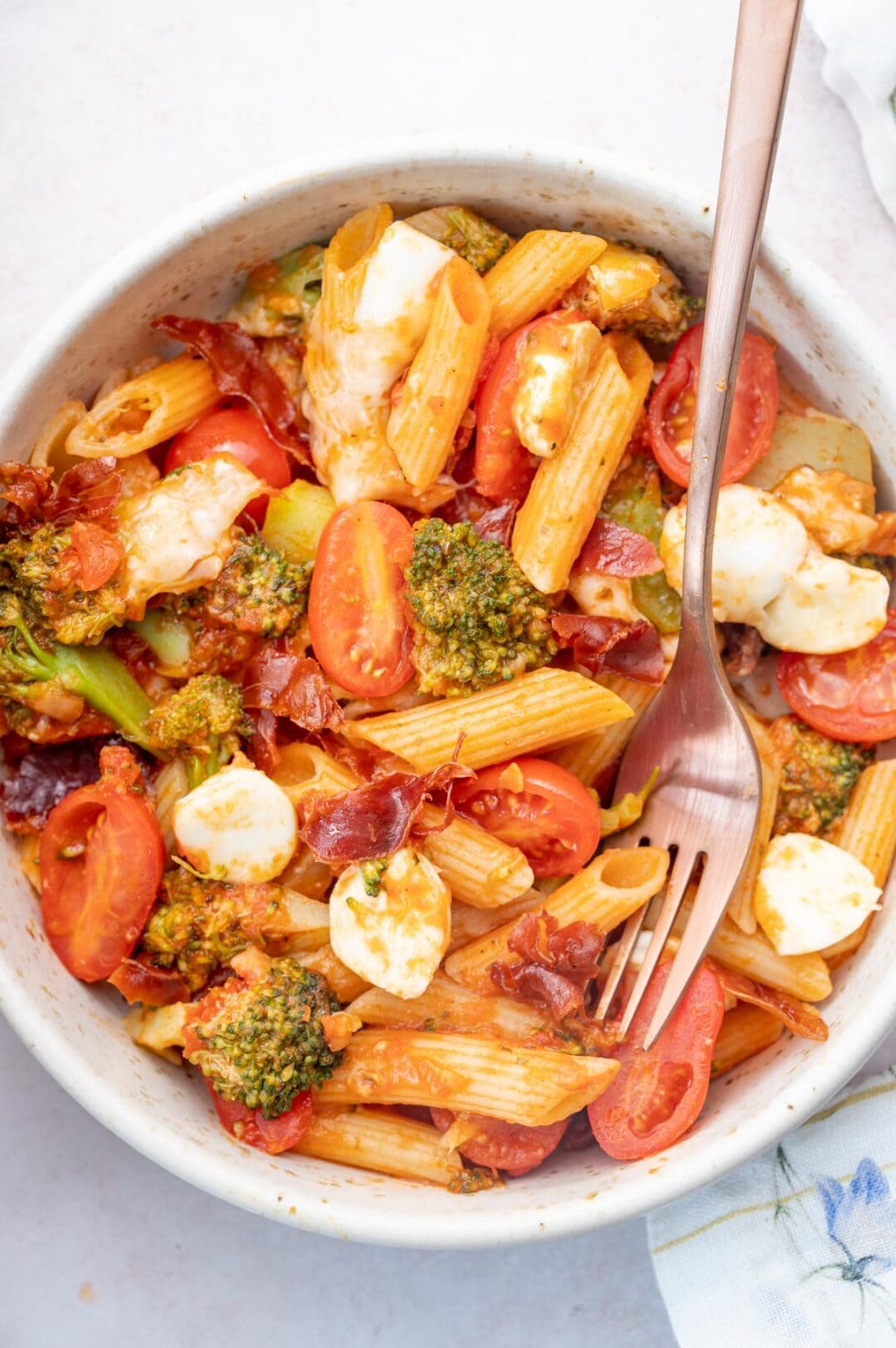 Cheesy Tomato Broccoli Pasta with Crispy Prosciutto - Everyday Delicious