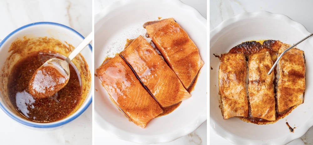 A collage of three photos showing how to make baked salmon.