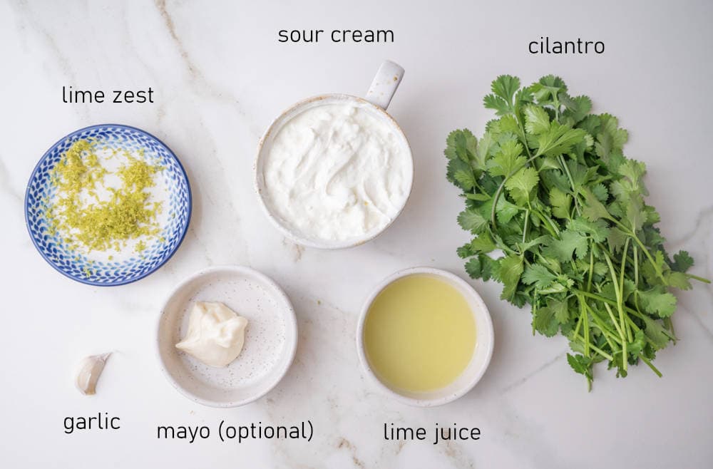 Labeled ingredients for cilantro lime crema.