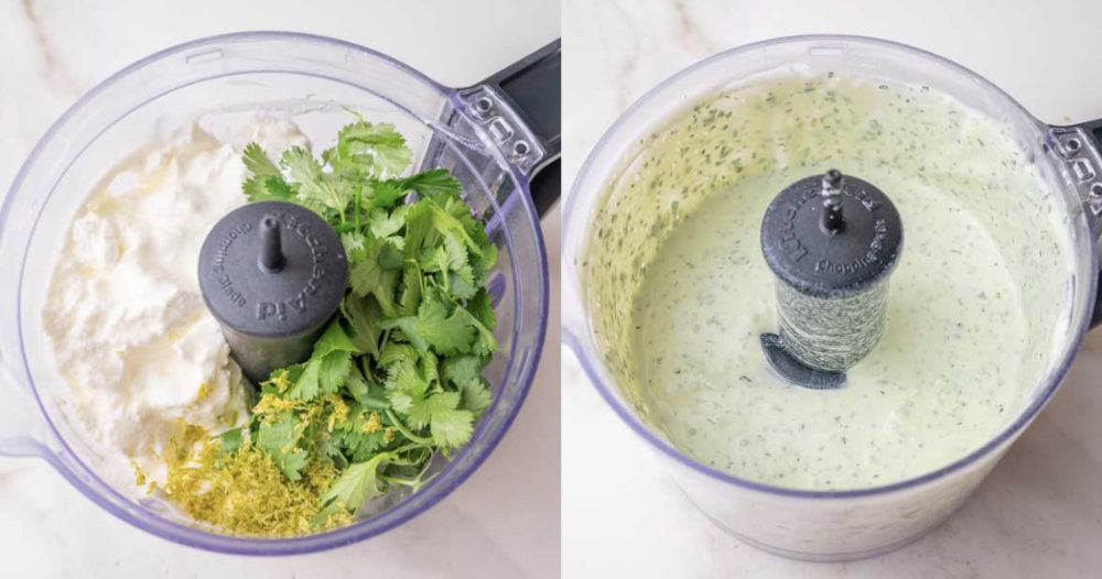 A collage of two photos showing how to make cilantro lime crema.