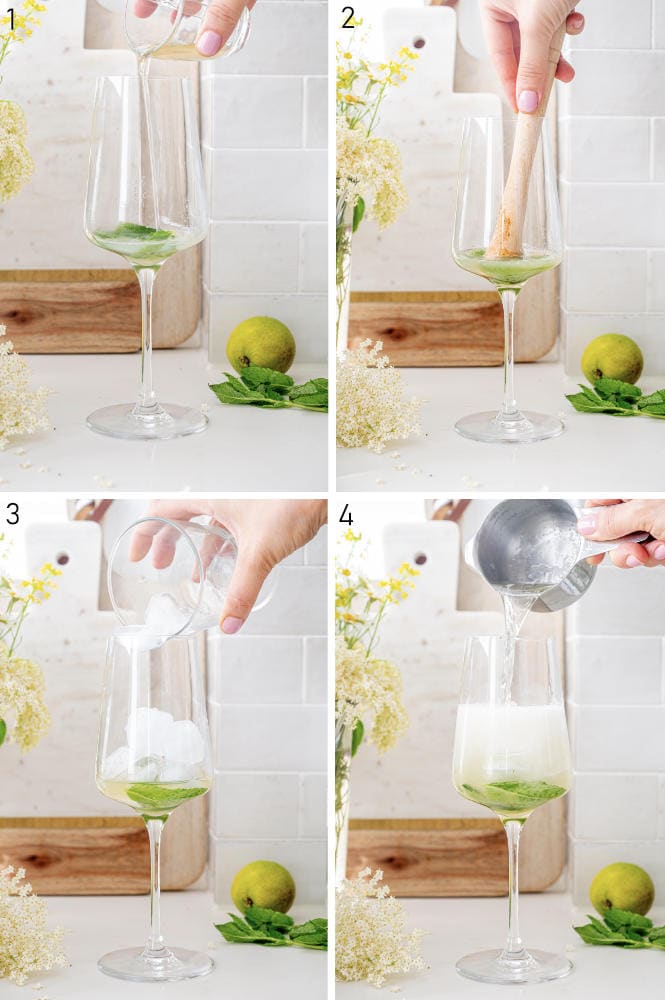 A collage of 4 photos showing how to prepare Hugo Cocktail step-by-step.