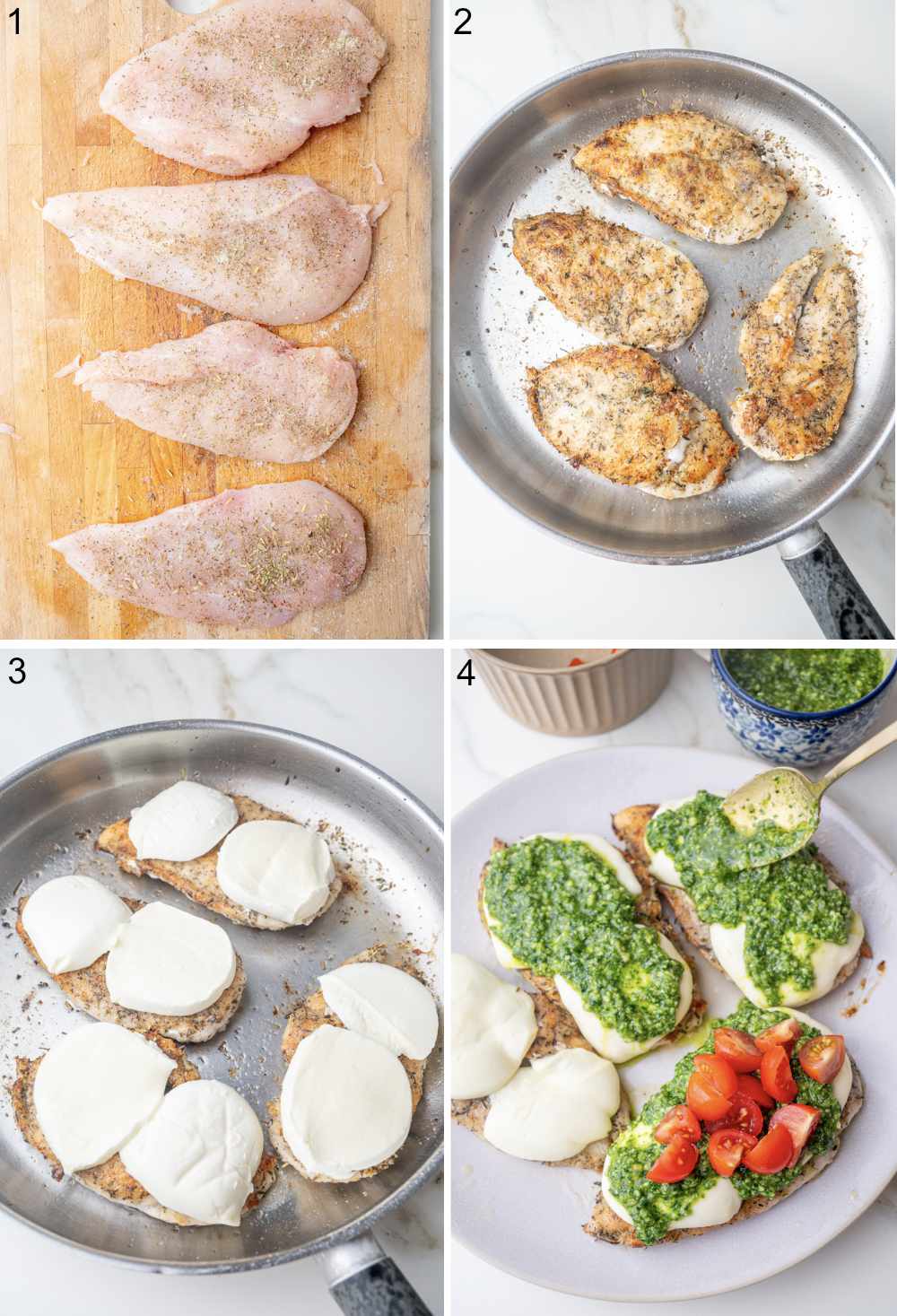 A collage of 4 photos showing how to make Margherita chicken step-by-step.