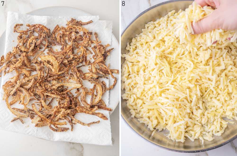 Crispy fried onions on a plate. Shredded cheese is being added to Spätzle in a pan.