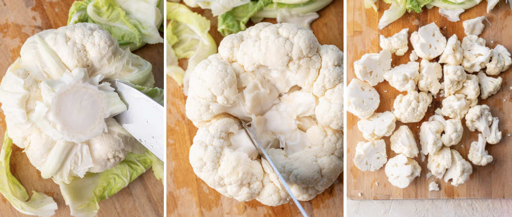 A collage of 3 photos showing how to cut a whole head of cauliflower into florets.