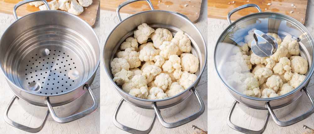 A collage of 3 photos showing how to steam cauliflower in a steamer.