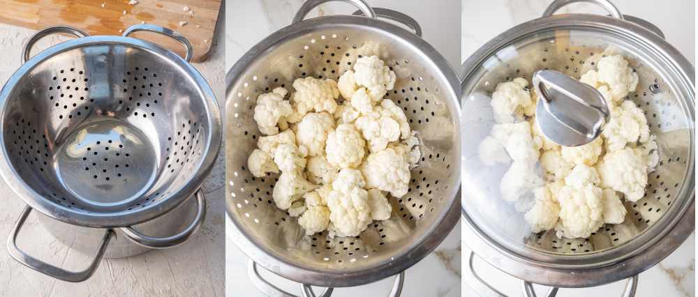 A collage of 3 photos showing how to steam cauliflower in a colander.