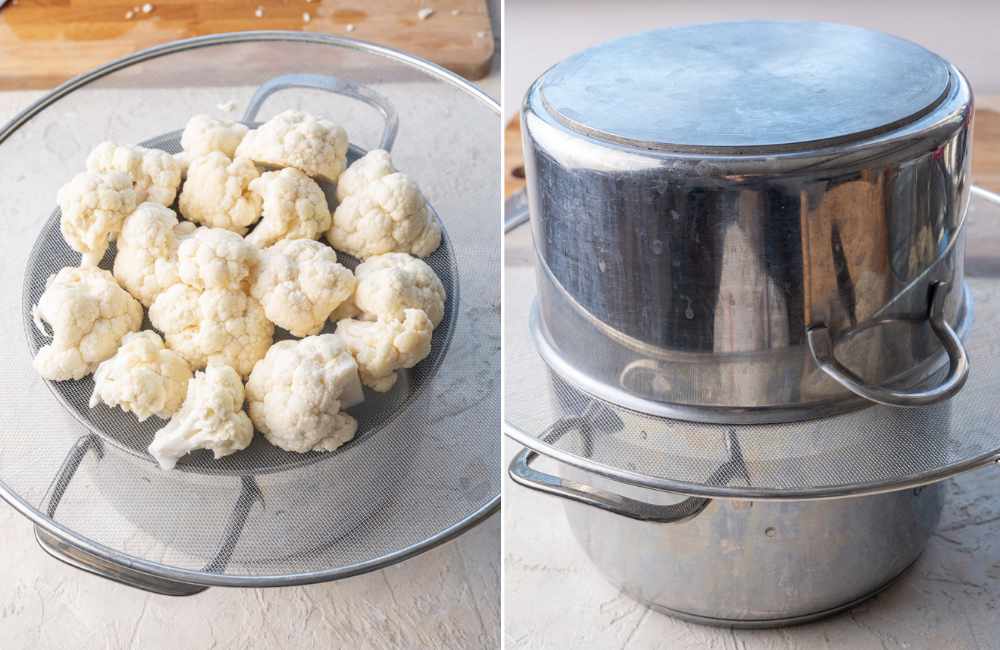 A collage of 3 photos showing how to steam cauliflower on a splash guard.