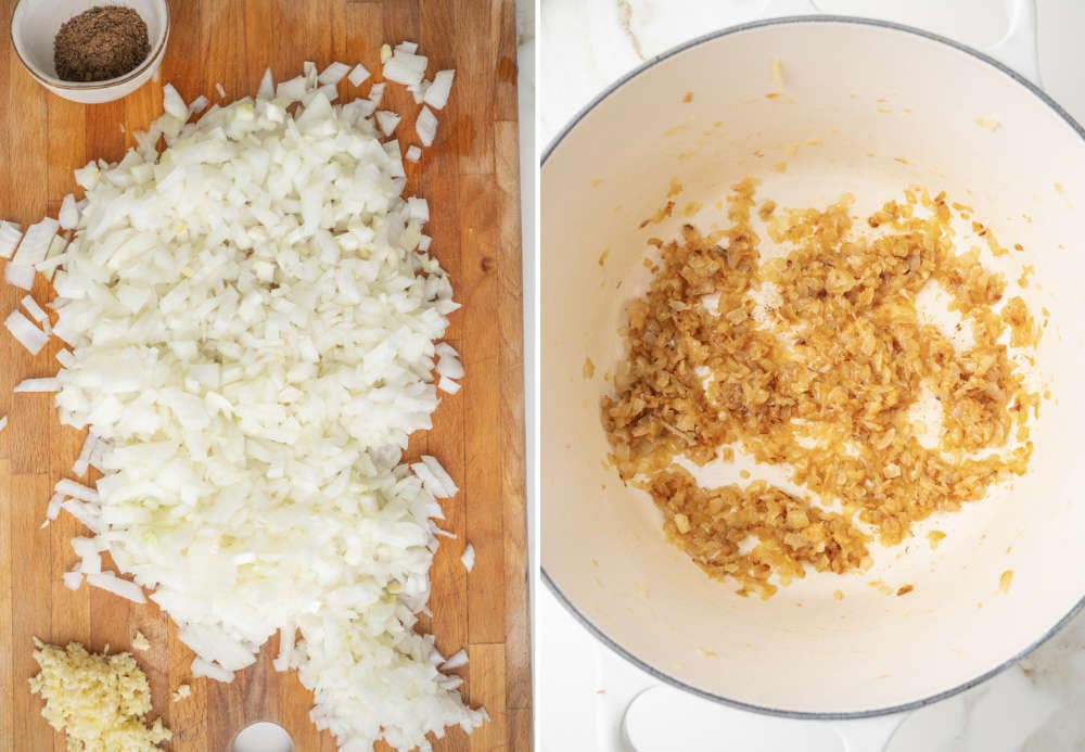 Chopped onion, garlic, and ground caraway seeds on a chopping board. Caramelized onions in a pot.