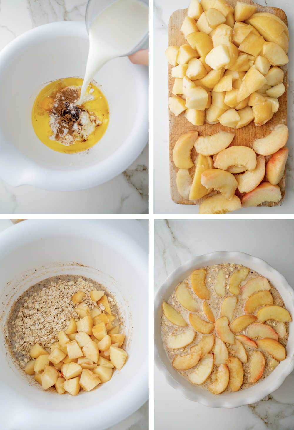 A collage of 4 photos showing how to prepare baked peach oatmeal step-by-step.