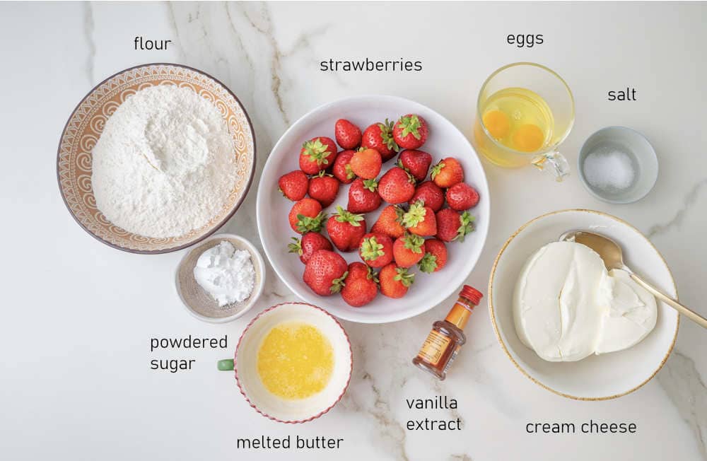 Labeled ingredients for Polish strawberry dumplings (knedle).