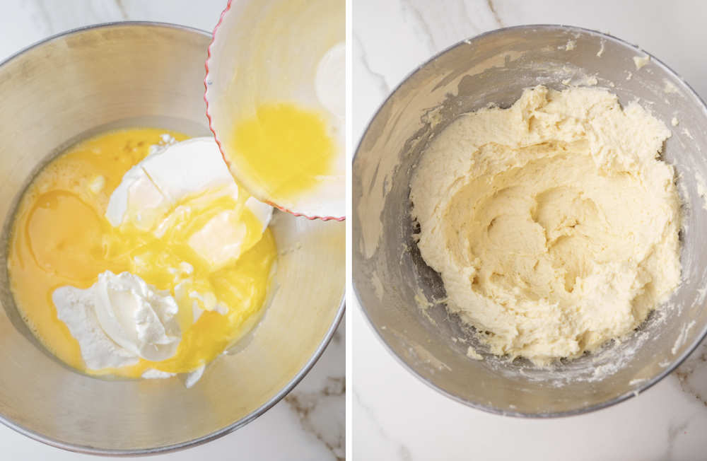 Butter is being added to other ingrediens for the dough in a bowl. Knedle dough in a metal bowl.