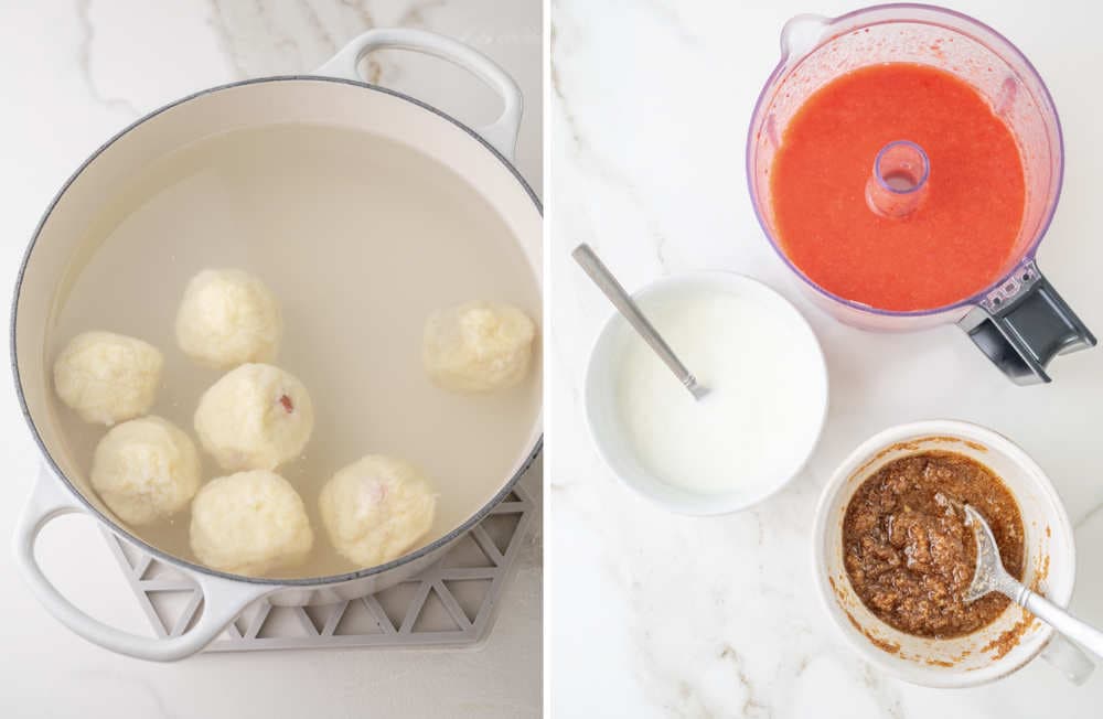 Knedle dumplings are being cooked in  pot. Strawberry sauce, sour cream, and fried breadcrumbls in small bowls.