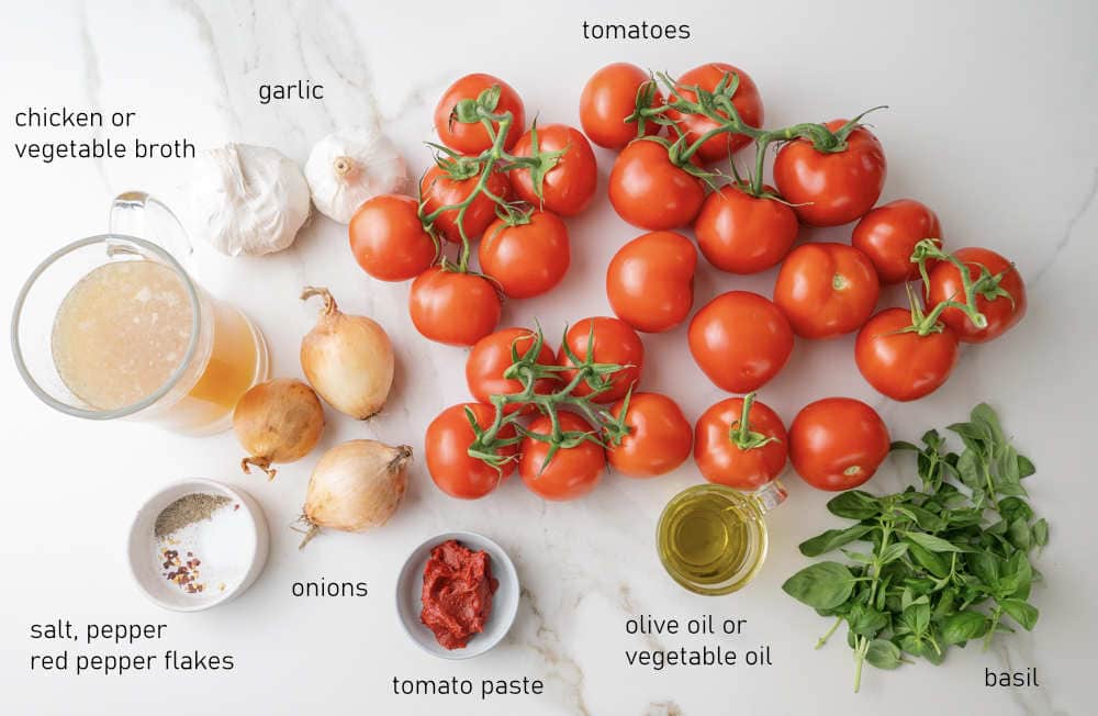 Labeled ingredients for roasted tomato soup.