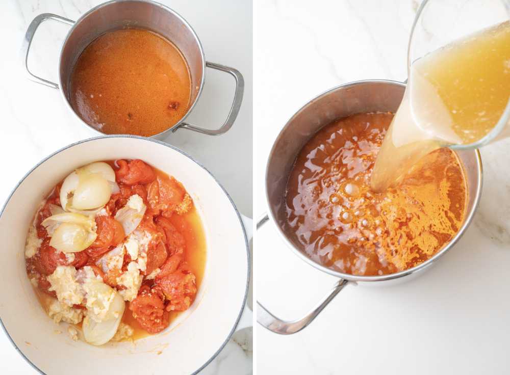 Roasted tomatoes, onions, and garlic in a pot. Tomato juices in a pot. Chicken broth is being added to tomato juices in a pot.