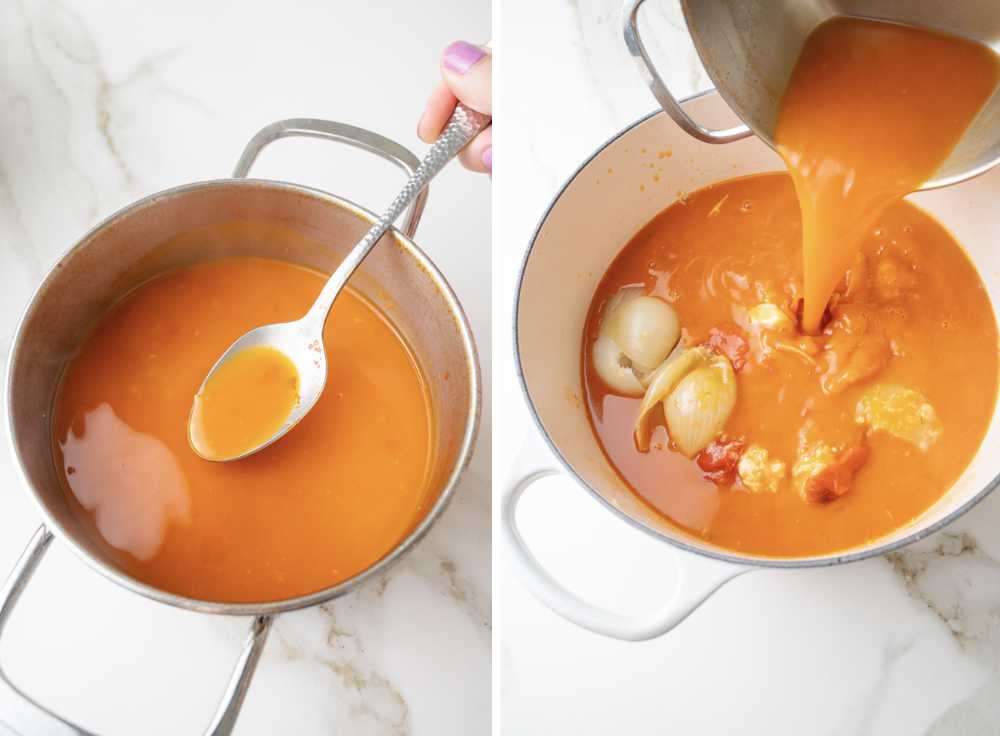 Reduced tomato juices and broth in a pot. Reduced liquid is being added to roasted vegetables in a pot.