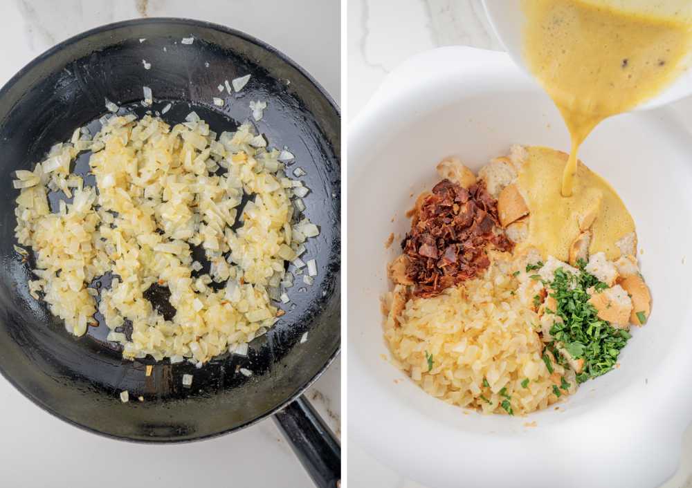 Sauteed onions in a pan. Beaten eggs are being added to a bowl with onions, bread rolls, and bacon.