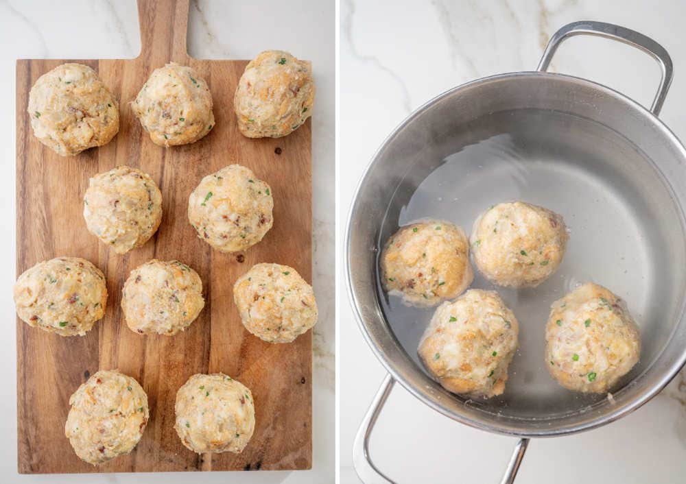 Formed Semmelknödel on a wooden board ready to be cooked. Semmelknödel are being cooked in water.