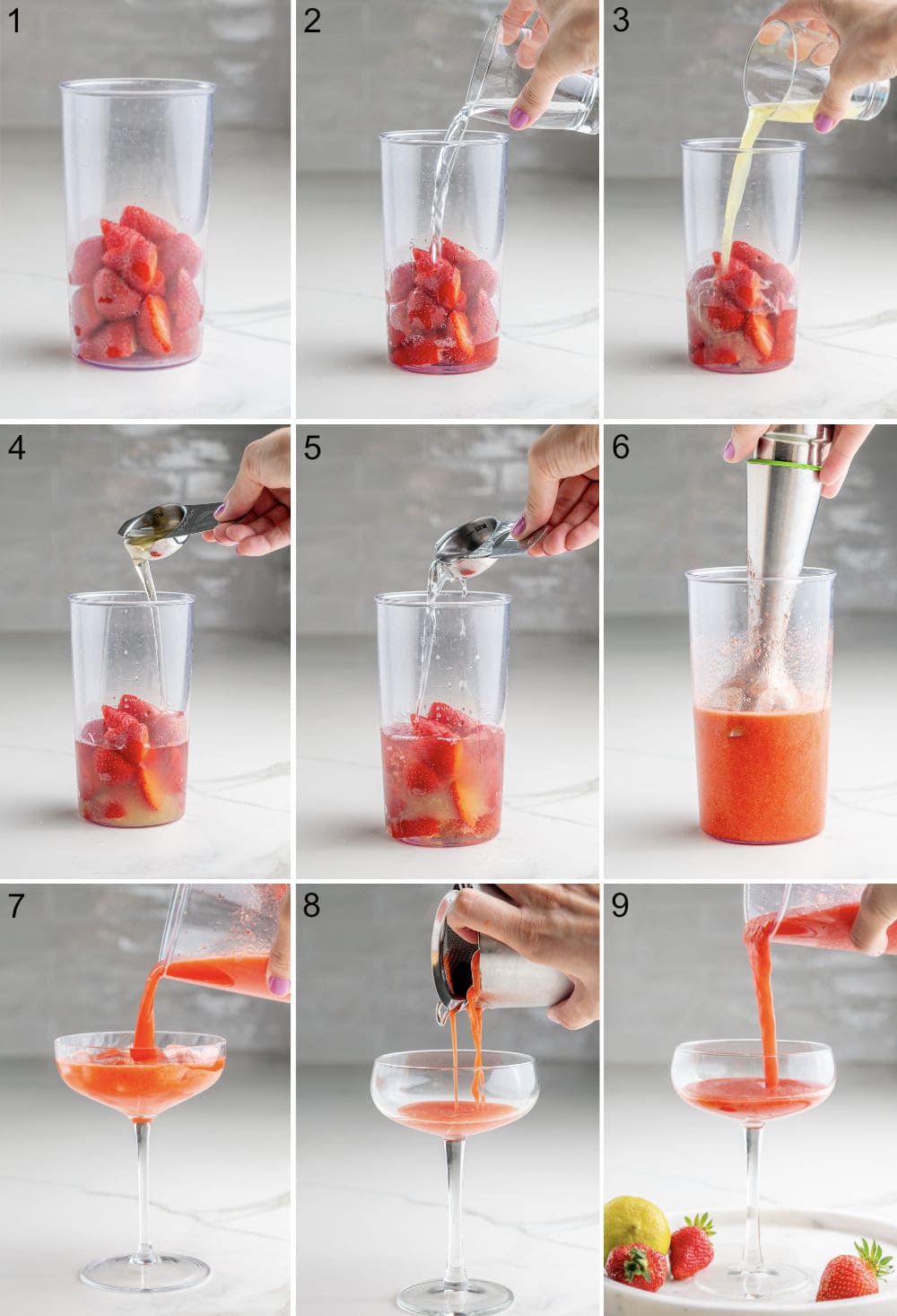 A collage of 9 photos showing how to prepare Strawberry Margaritas step-by-step.