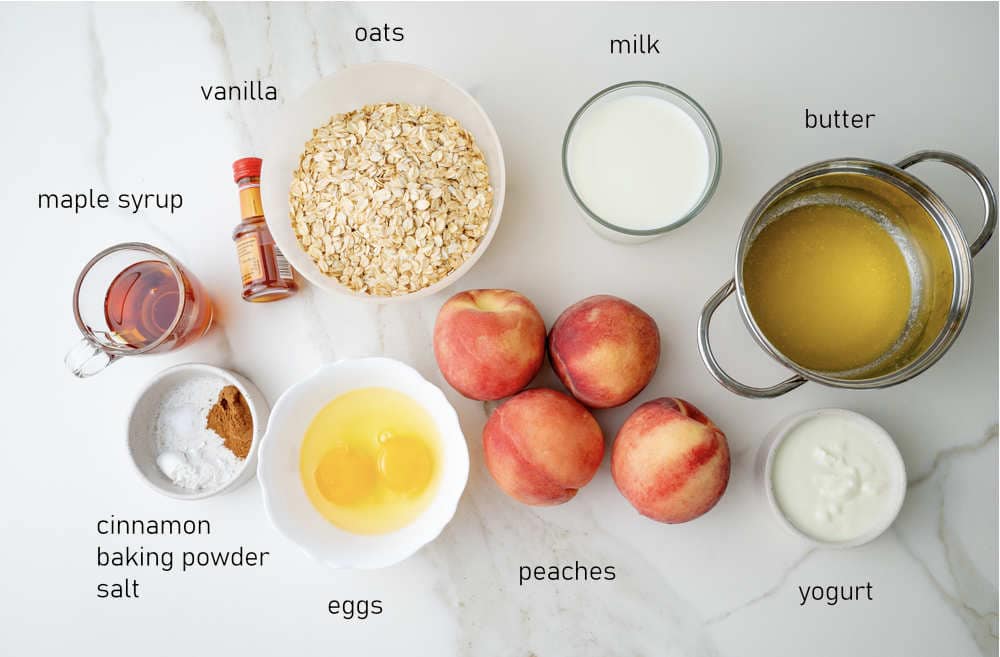 Labeled ingredients for baked peach oatmeal.