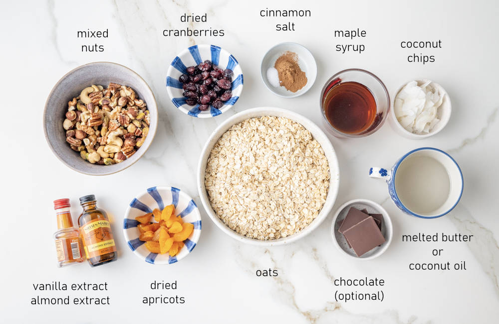 Labeled ingredients for granola.