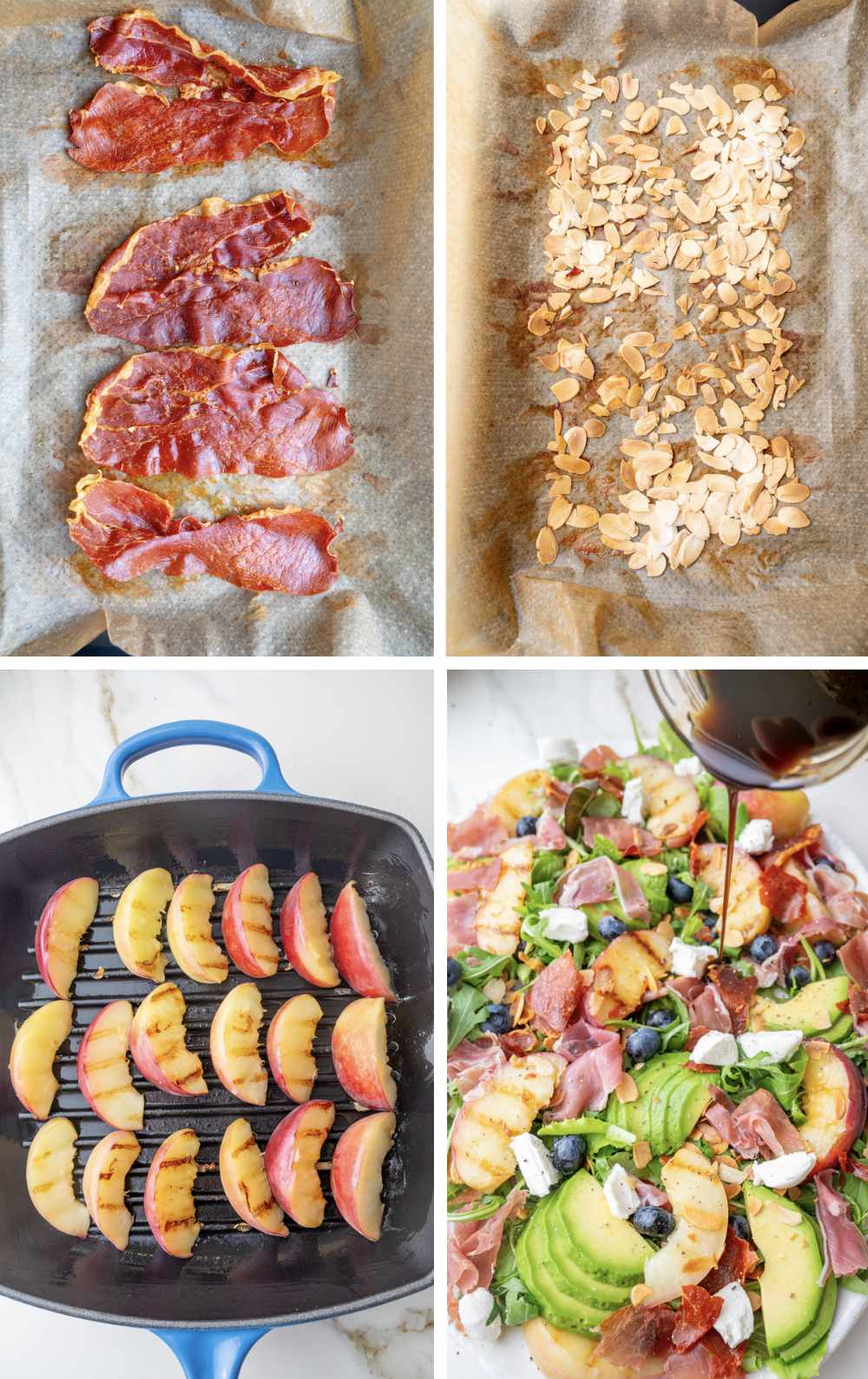 A collage of 4 photos showing how to make peach salad step-by-step.