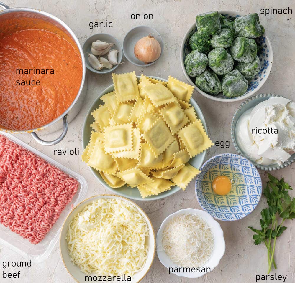 Labeled ingredients for ravioli lasagna.