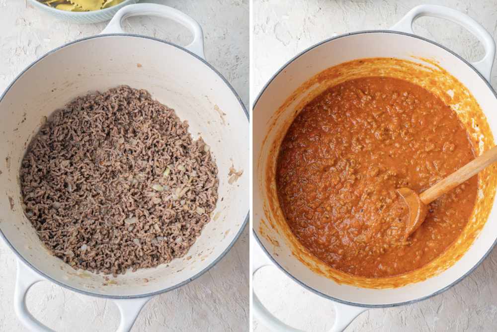 Cook ground beef in a pot. Tomato meat sauce in a pot.