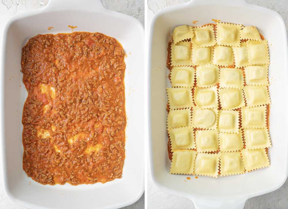 A layer of tomato meat sauce and ravioli in a casserole dish.