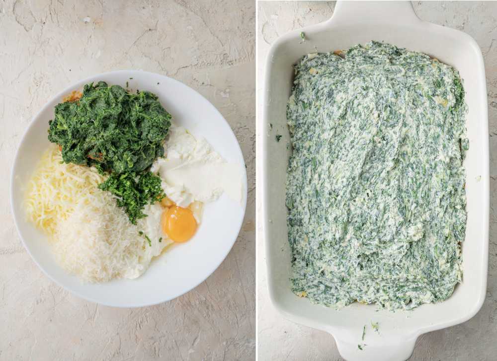 Ingredients for ricotta spinach layer in a bowl. Ricotta spinach layer in a casserole dish.