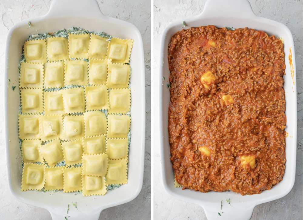 Ravioli layer in a casserole dish. Tomato meat sauce layer in a casserole dish.