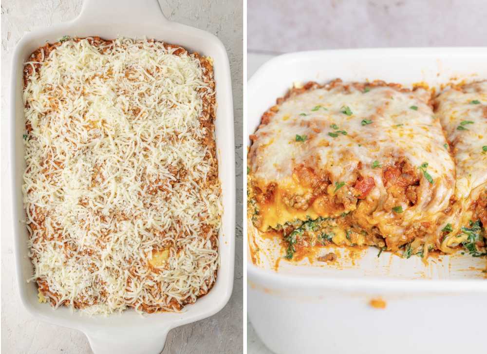 A layer of cheese in a casserole dish. Cross-section of baked ravioli lasagna.