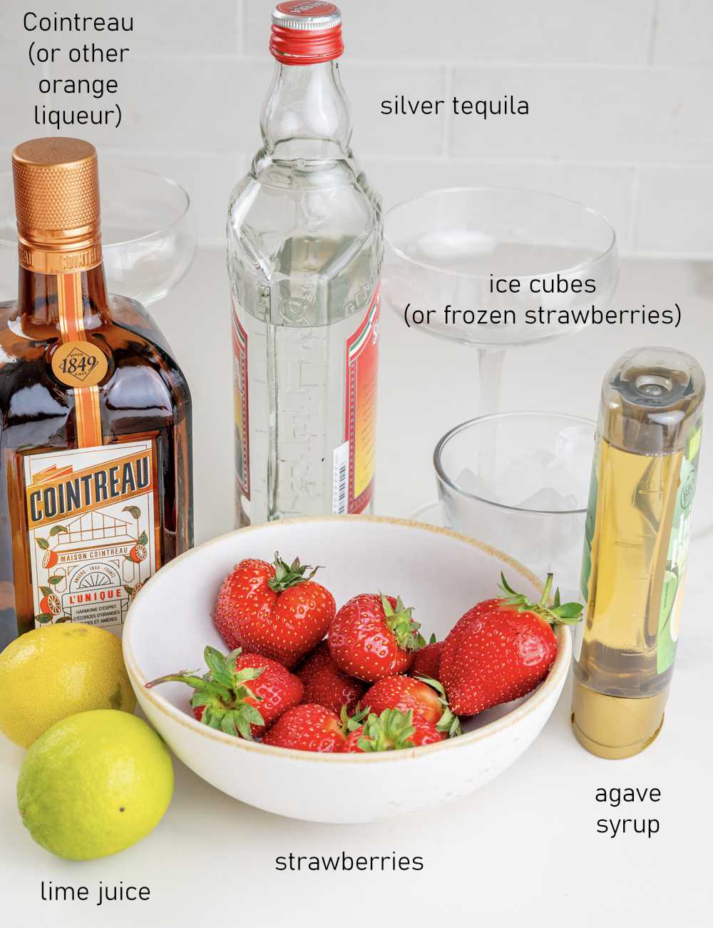 Labeled ingredients for Strawberry Margaritas.