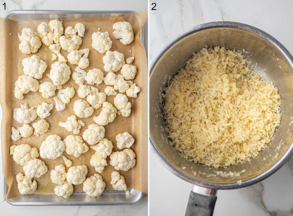 Cauliflower florets on a baking sheet. Cauliflower panko topping in a pot.