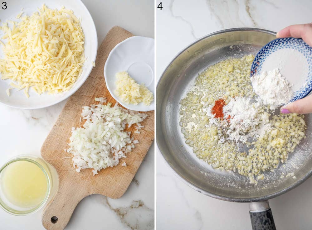 Grated cheese, chopped onions and garlic, lemon juice on a counter. Flour is being added to onions in a pan.