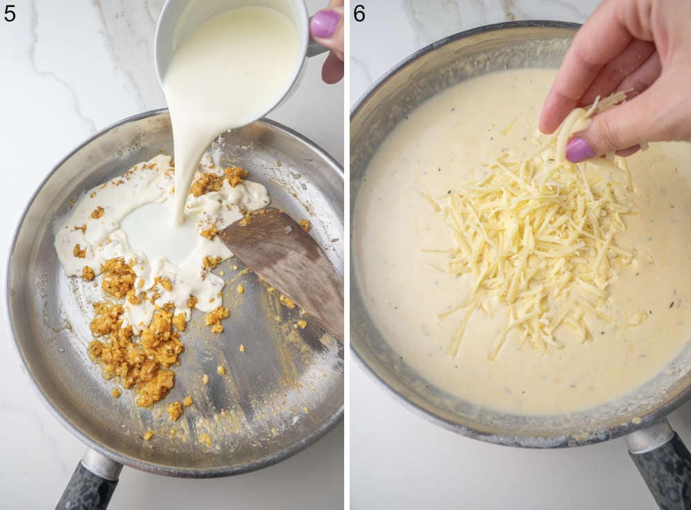 Cream is being added to onions in a pan. Cheese is being added to a creamy sauce in a pan.