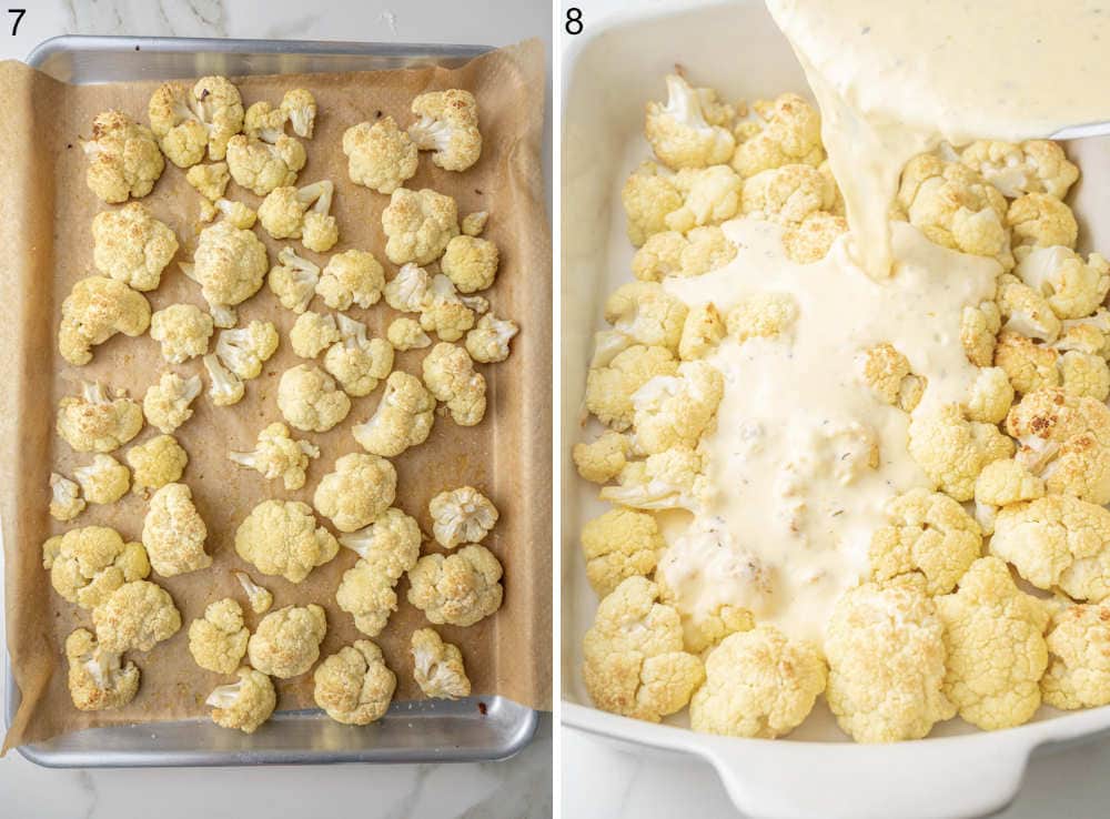 Baked cauliflower florets on a baking sheet. Cheese sauce is being poured into a casserole dish with cauliflower.