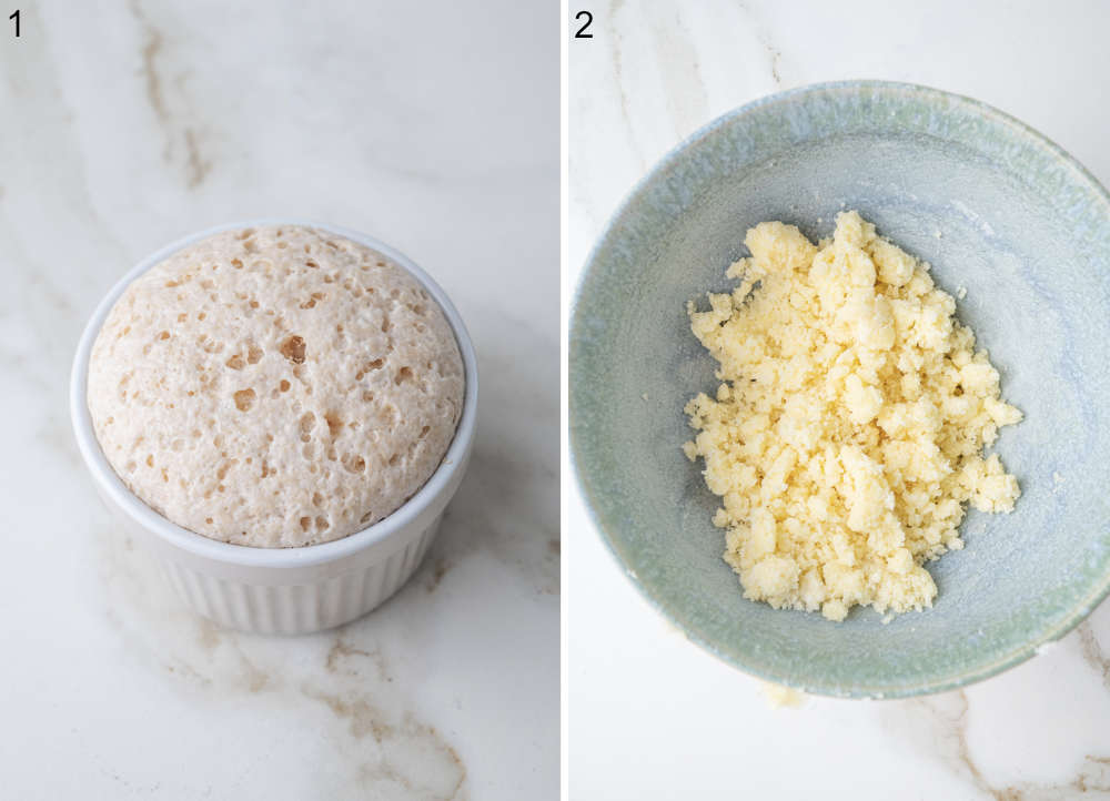 Bloomed yeast in a small bowl. Crumble in a green bowl.